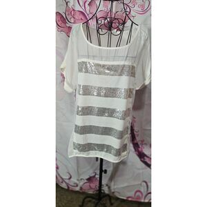 Studio‎ Y Large White Short Sleeve Sheer Blouse Sequined Accents